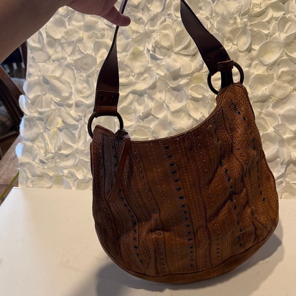 Fossil Tan Leather Hobo Bag with Eyelet Design - Picture 4 of 7